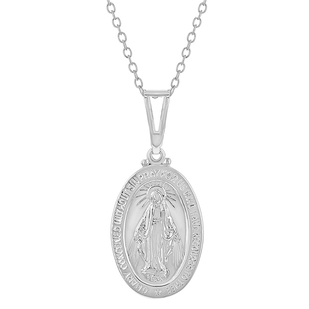 925 Sterling Silver Young Girls 19″ Oval Virgin Mary Catholic Medallion Necklace