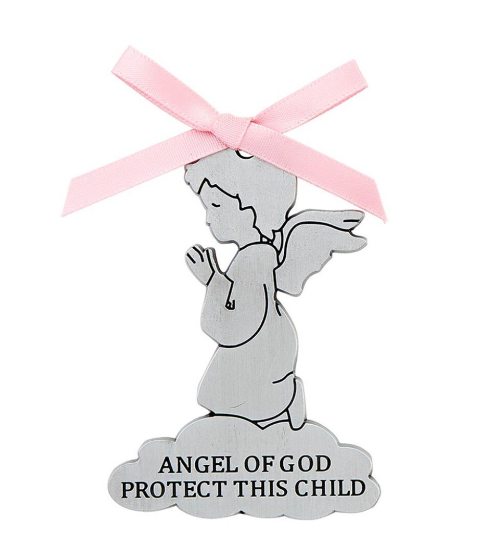 Girl’s Baptism Gift Guardian Angel Crib Medal Pink Ribbon Religious Catholic
