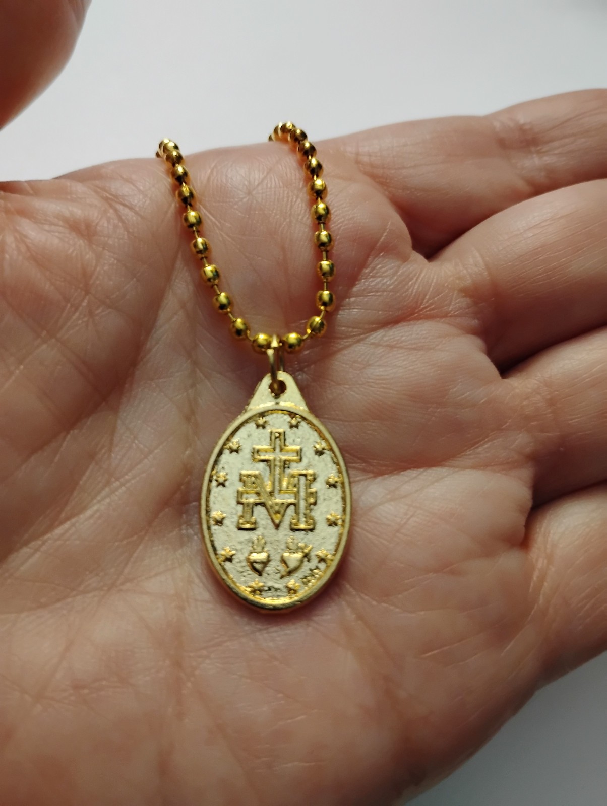 Gold Miraculous Medal Pendant Italy 24″ ball chain necklace + prayer card