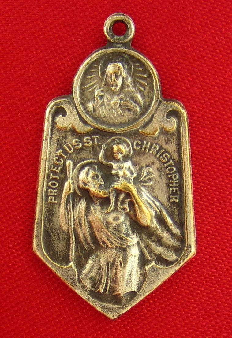 Vintage JESUS Medal SAINT CHRISTOPHER Religious Catholic Two Way Medal ACCIDENT