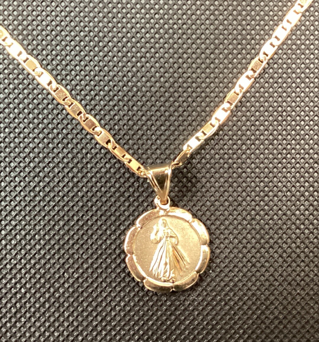14K Gold Plated Medal And Chain Of Guadalupe And Divine Mercy 3D. Necklace