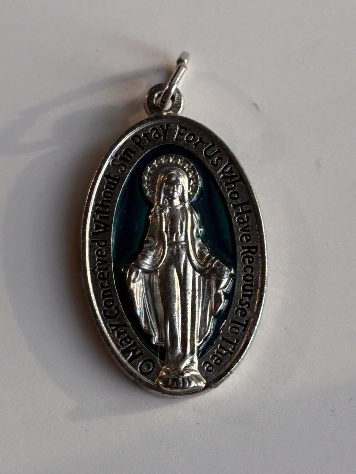 Vintage Catholic Blue Enameled Miraculous Medal Pendant Charm Pray For Us 1.25in