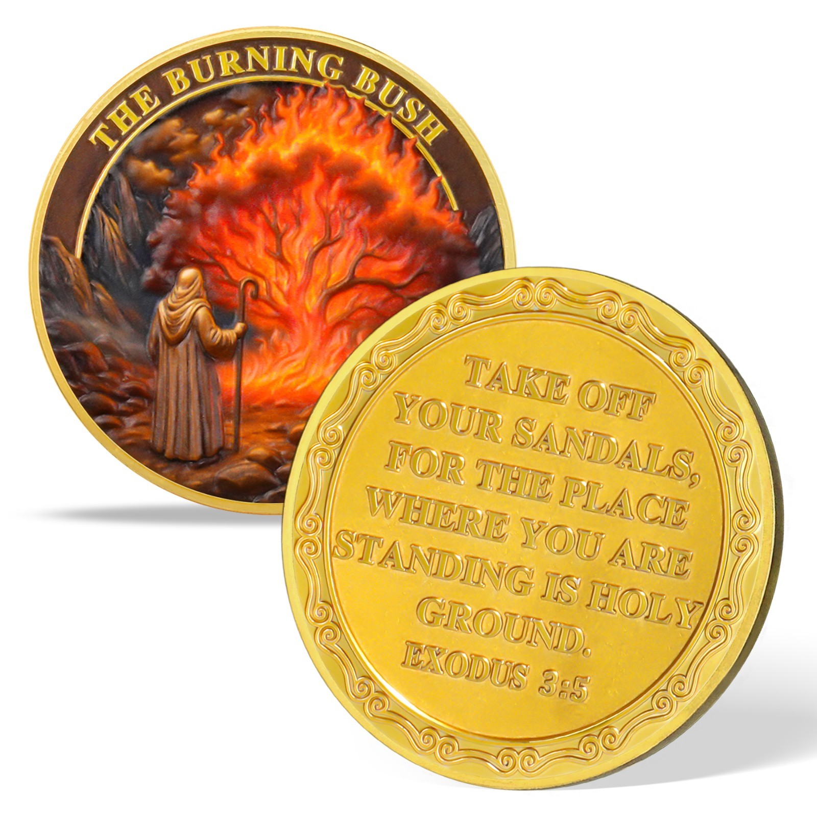 6pcs Christian Faith Coin Moses Holy Ground Burning Bush Exodus 3:5 Verse Tokens