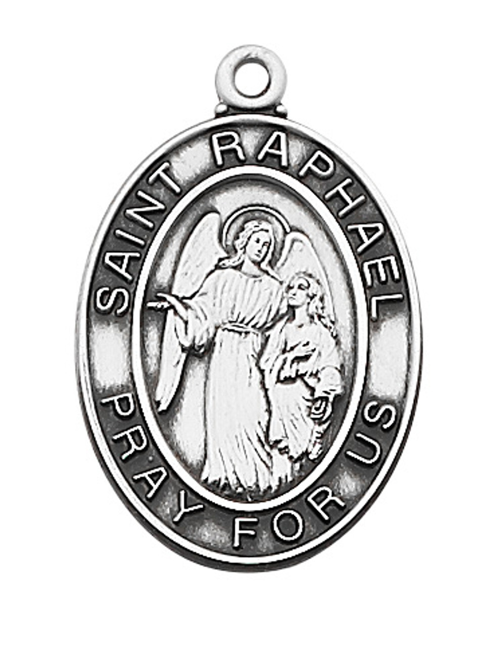 Saint Raphael Medal Sterling Silver Pendant 24 Inch Necklace Christian Chain