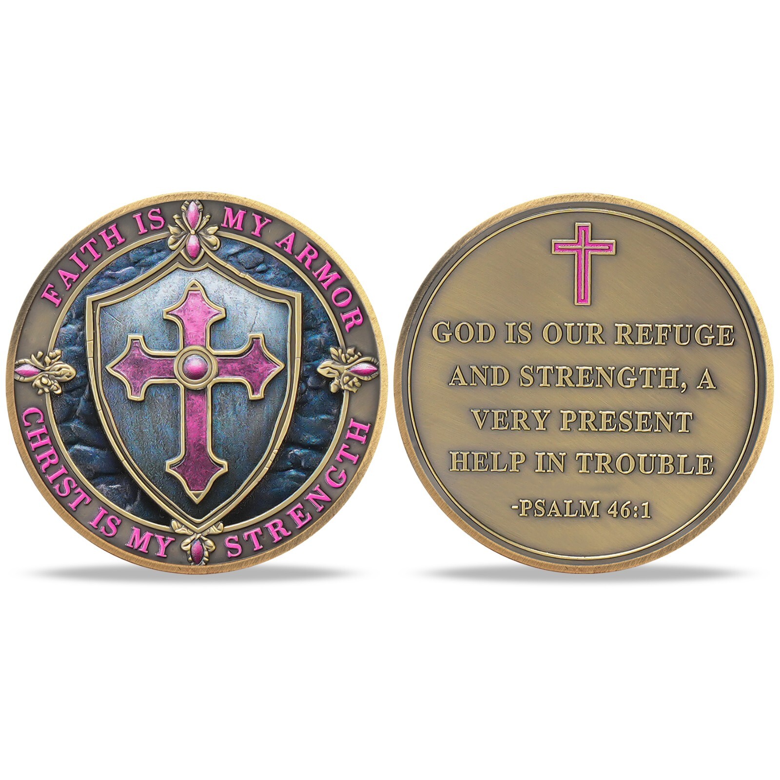 Pink Cross Christian Challenge Coin – Faith Is My Armor – Psalm 46: 1 Verse Coin