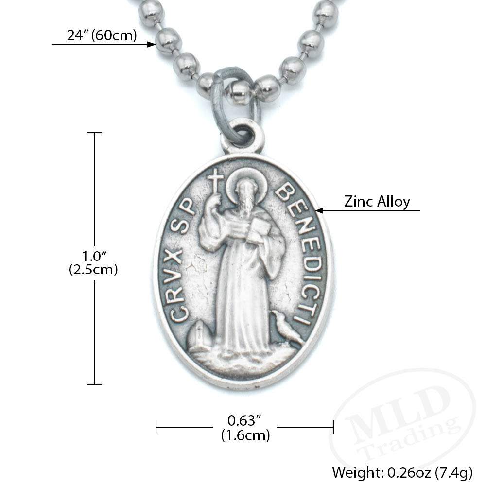 Italian Saint Benedict Medal Pendant Necklace – Silver Zinc Alloy, 24″ Chain