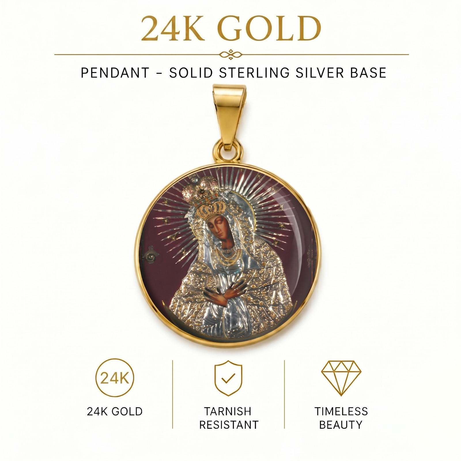 Our Lady of the Gate of Dawn Black Madonna Pendant 24K Gold Plated on 925 Silver
