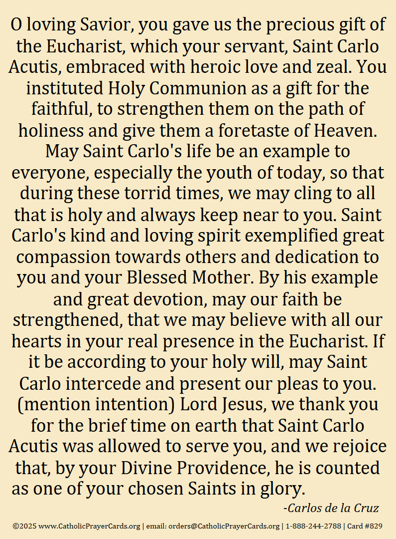Laminated Holy Card of Blessed Carlo Acutis & 1″ Silver Oxidized Medal of Carlo