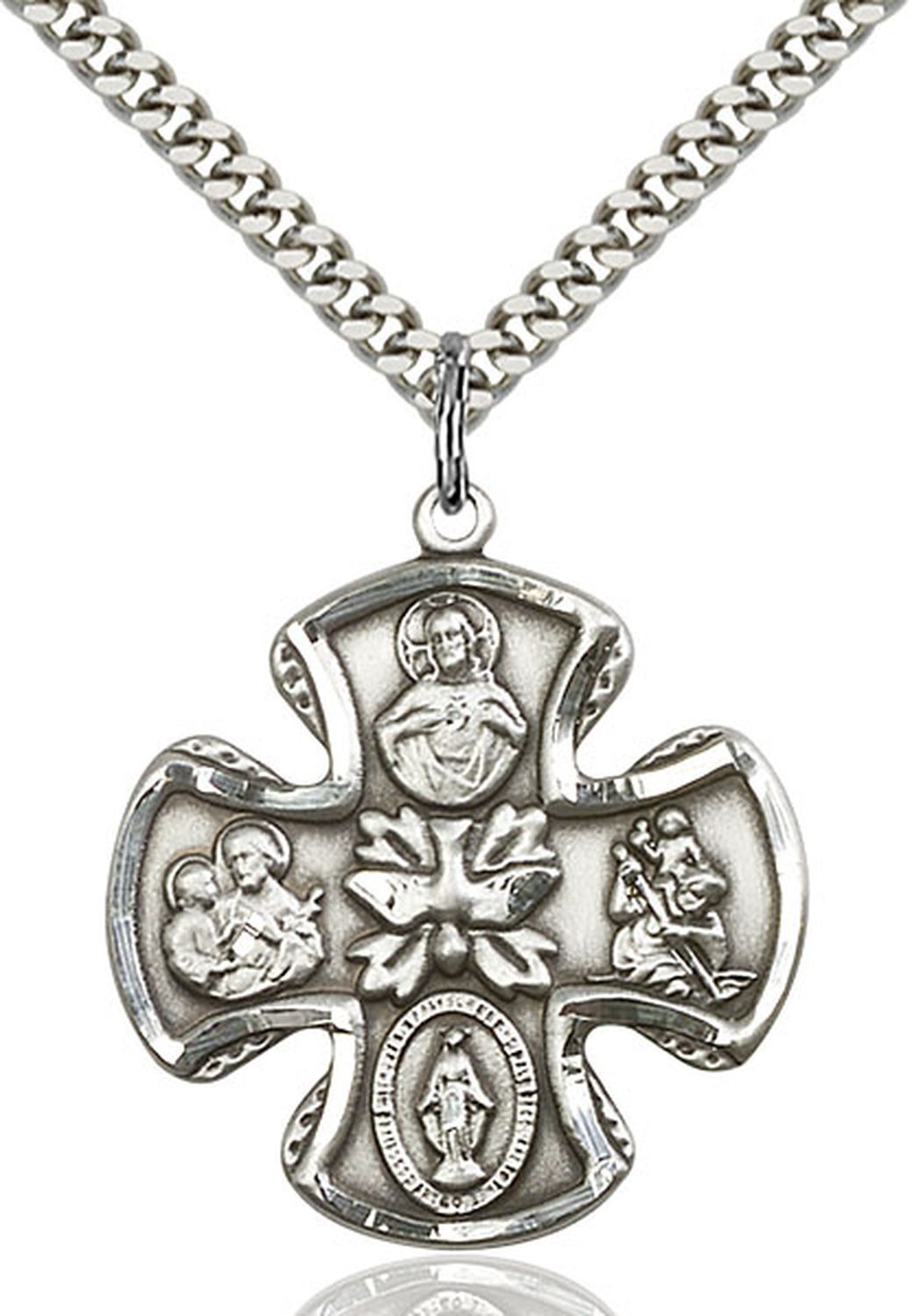 Pewter 5-Way Christian Catholic Medal Pendant Necklace 24″ Chain GiftBox