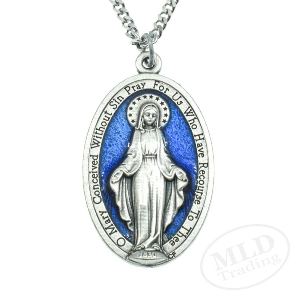 Large 1 3/4″ Blue Miraculous Medal Mary Pendant Necklace Italy w 24″ Curb Chain