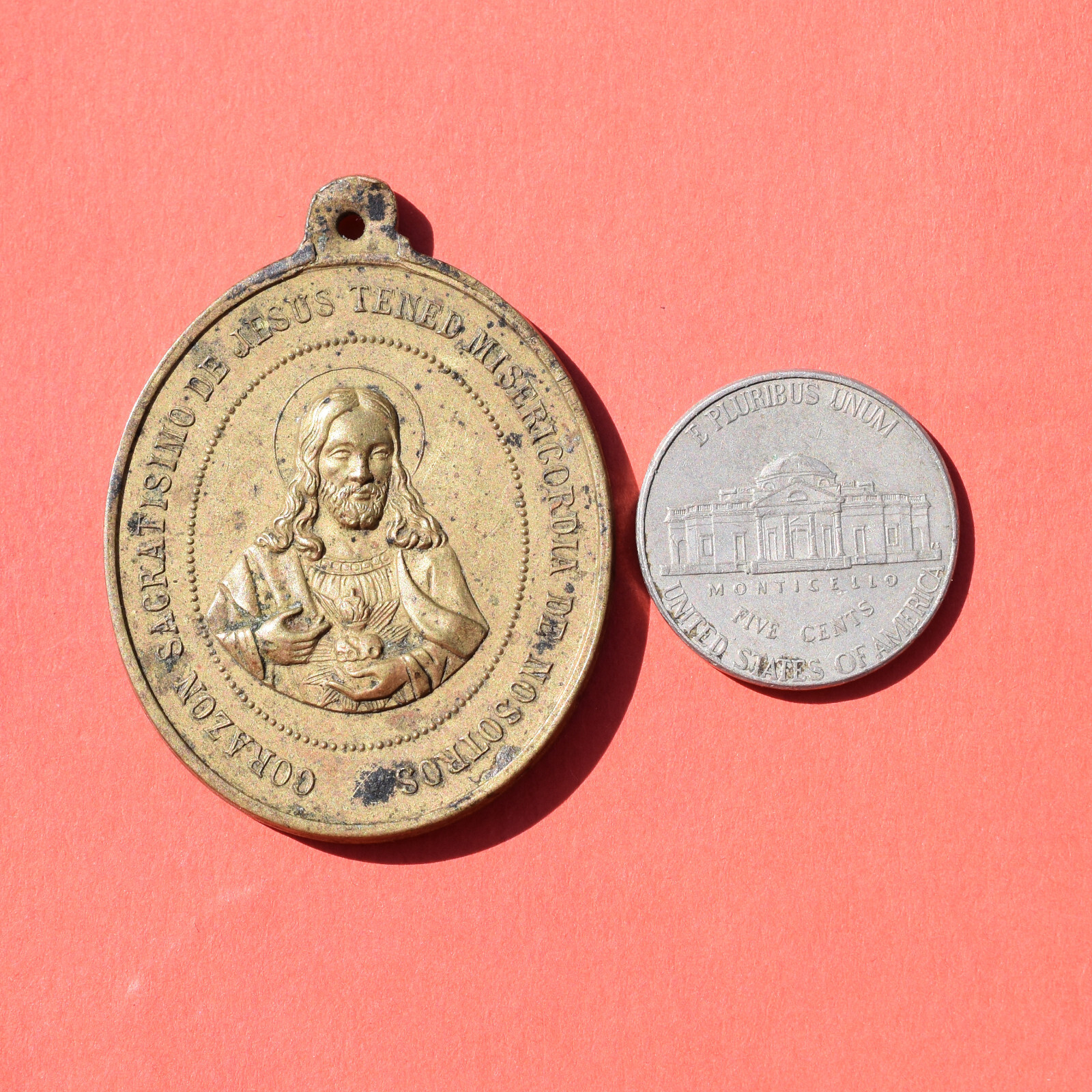 LARGE SACRED HEARTS OF JESUS & MARY RELIGIOUS MEDAL OLD 19T C CATHOLIC MEDALLION