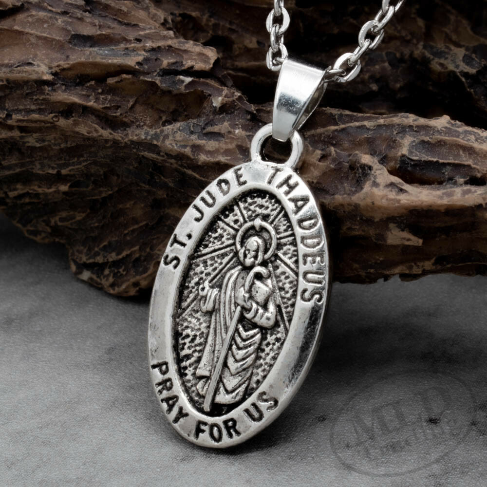 Saint St Jude Thaddeus Pray For Us Oval Silver Medal Pendant Necklace 18″ Chain