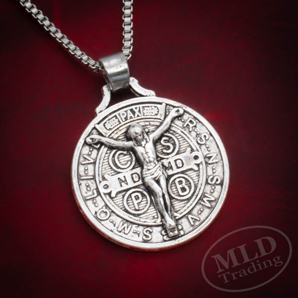 Jesus Crucifix Saint St Benedict Medal Cross Pendant Necklace 24″ Box Chain