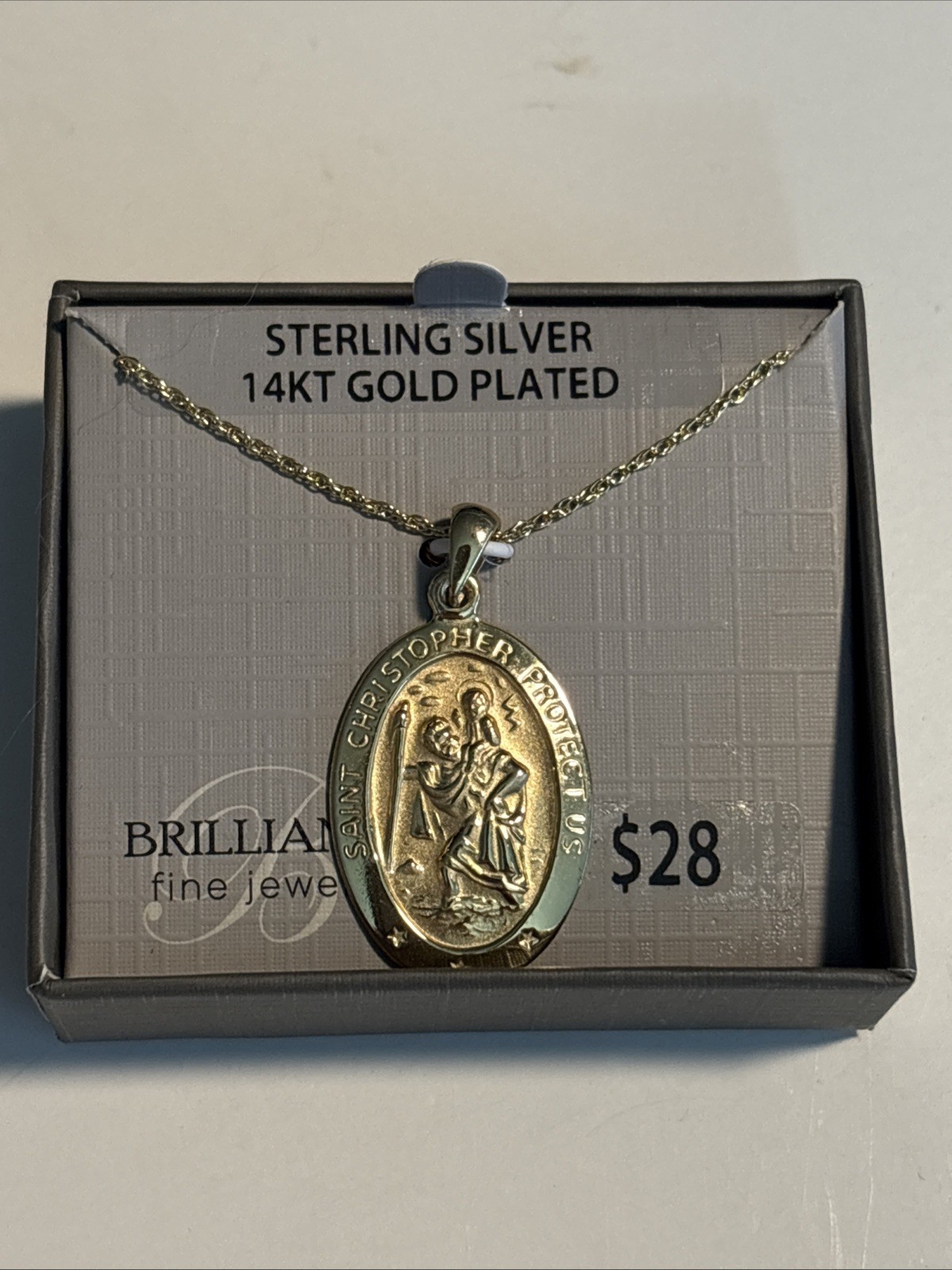St. Christopher Medal Pendant & 16” Chain Sterling Silver 14kt Gold Plated New