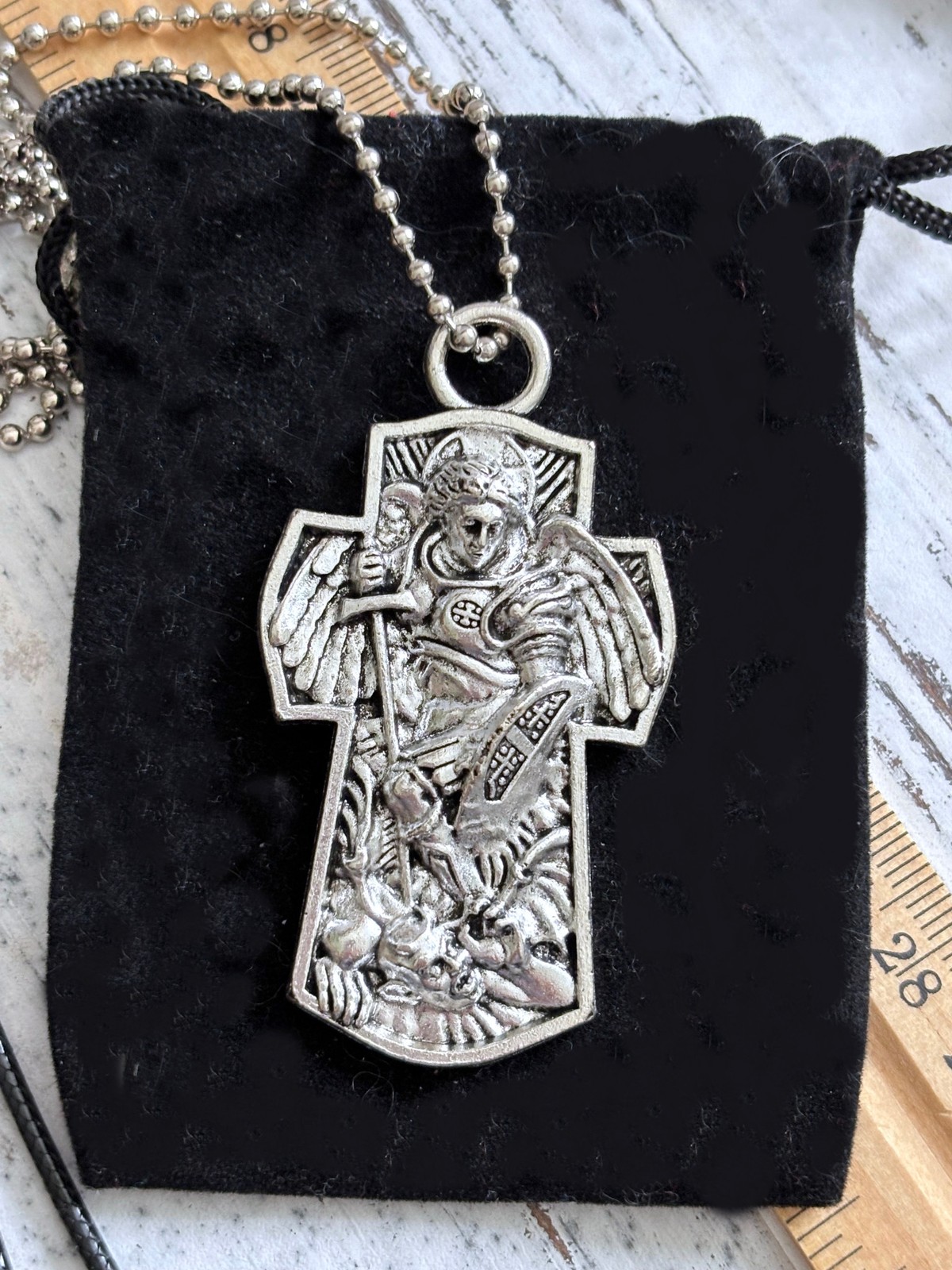 St Michael Cross 2″ In Pendant Protect Us on Bead Ball Chain w/ Velour Bag