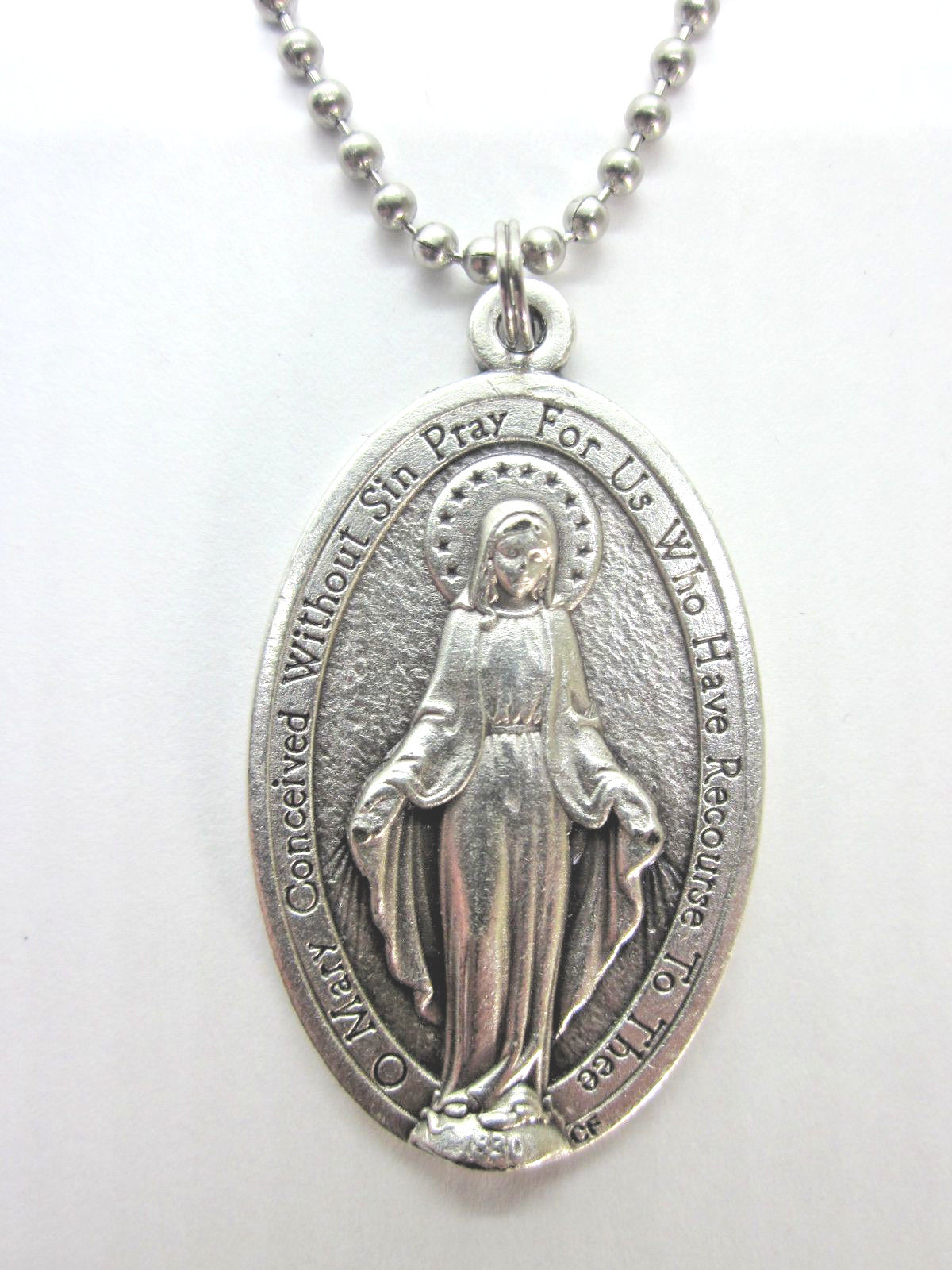 XL English Miraculous Medal 1 3/4″ Italy Pendant Necklace 24″ Ball Chain