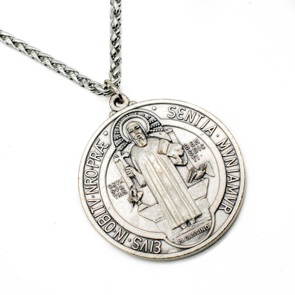 Extra Large 2″ Saint St Benedict Medal Italy Pendant Necklace w 24″ Spiga Chain