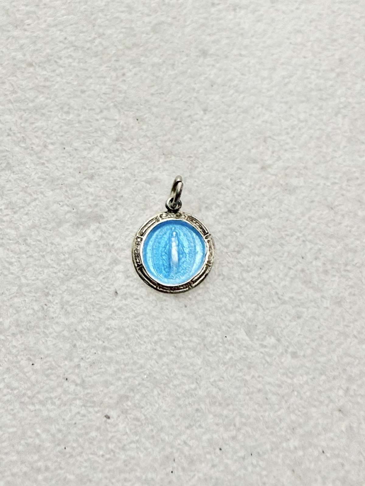 Vintage Sterling Silver RELIGIOUS Petite Miraculous Medal W/Bright Blue Enamel 2