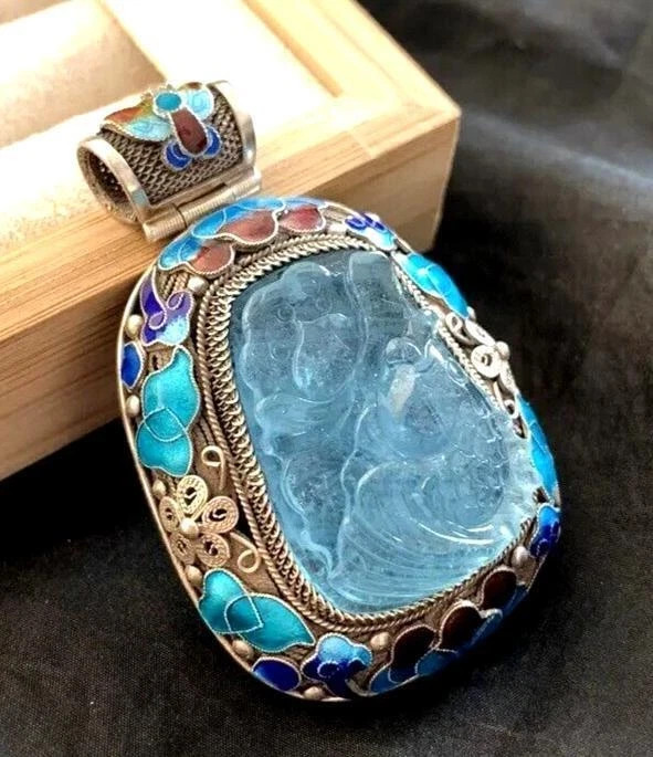 Womens Necklace Pendant Sterling Silver Blue Aquamarine Gemstone Large Art Deco