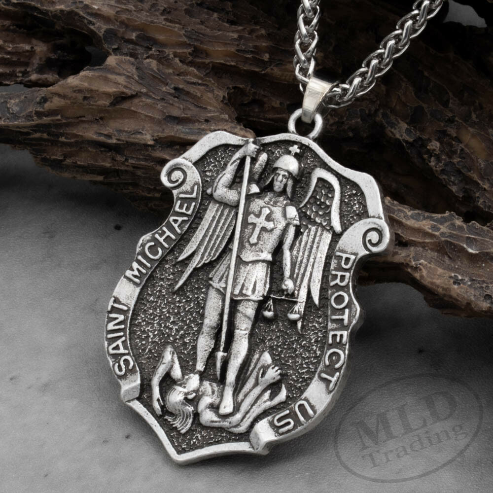 Saint St Michael Medal Shield Pendant Necklace – Zinc Alloy, 22″ Wheat Chain