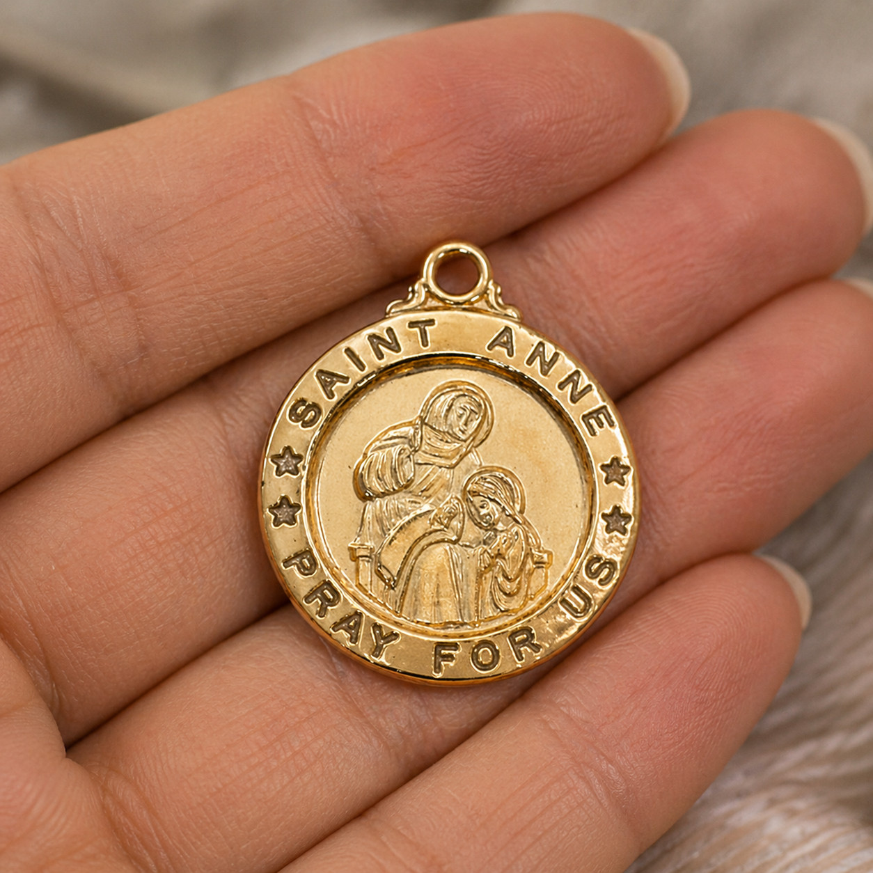 St. Anne Pray For Us Round Gold Plated Sterling Medals Pendant w/ 18 Inch Chain
