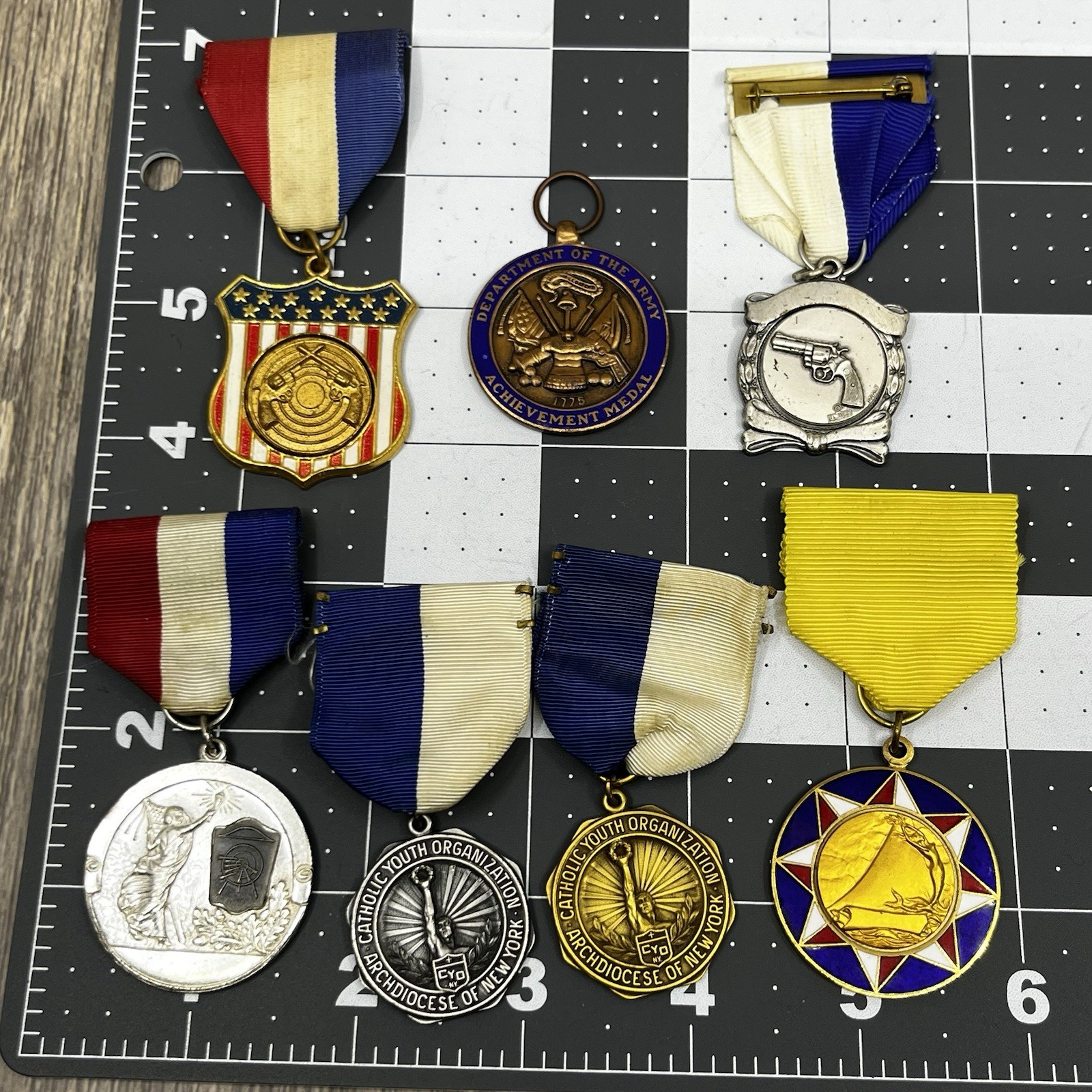 Lot Of 7 VTG medals 1950s-80s Catholic Youth, Dept. Of Army, Marksmen Archery