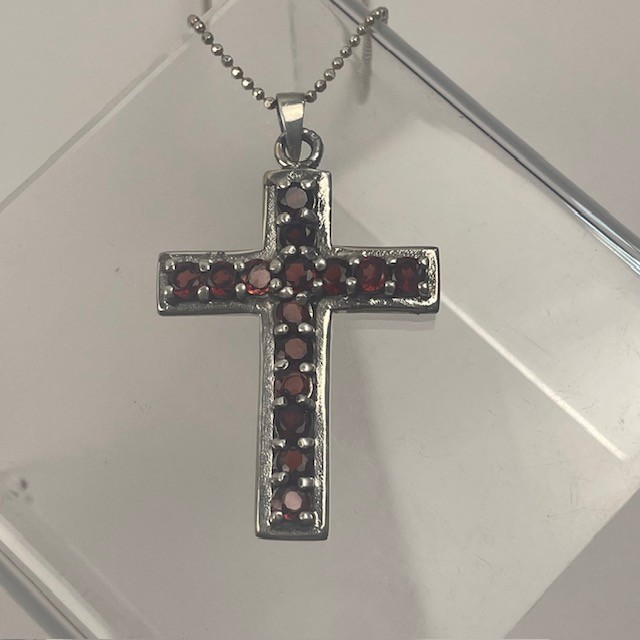 VTG Christian Cross Pendant Necklace 925 Sterling Silver Red Garnet(15)