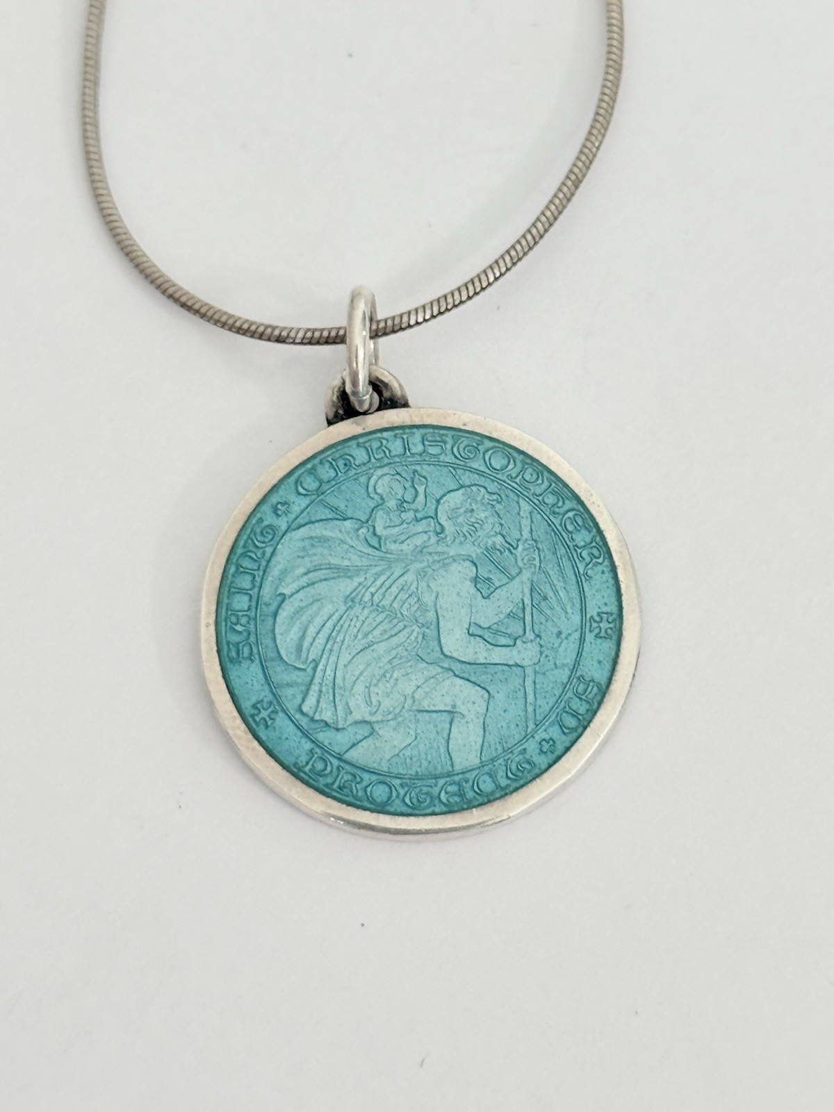 Charles Thomae St Christopher Sterling Silver Blue Enamel Medal Pendant Necklace