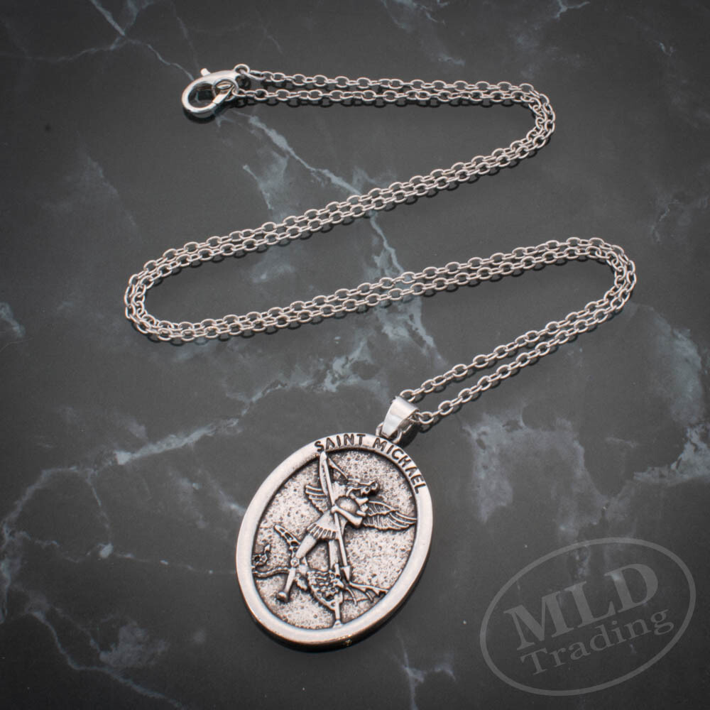 Saint St Michael Archangel Medal Pendant Necklace, Classic Design, 20″ Chain