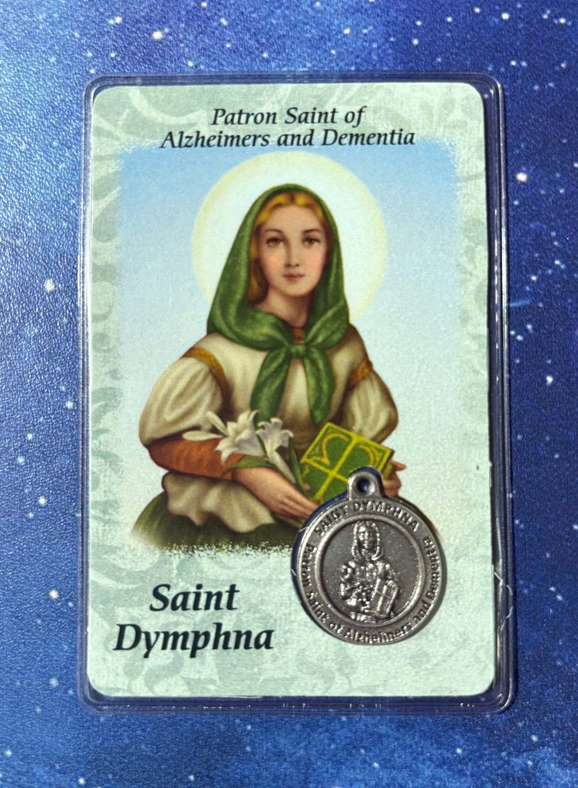 St. Dymphna Prayer Card w Medal Patron of Dementia Alzheimers