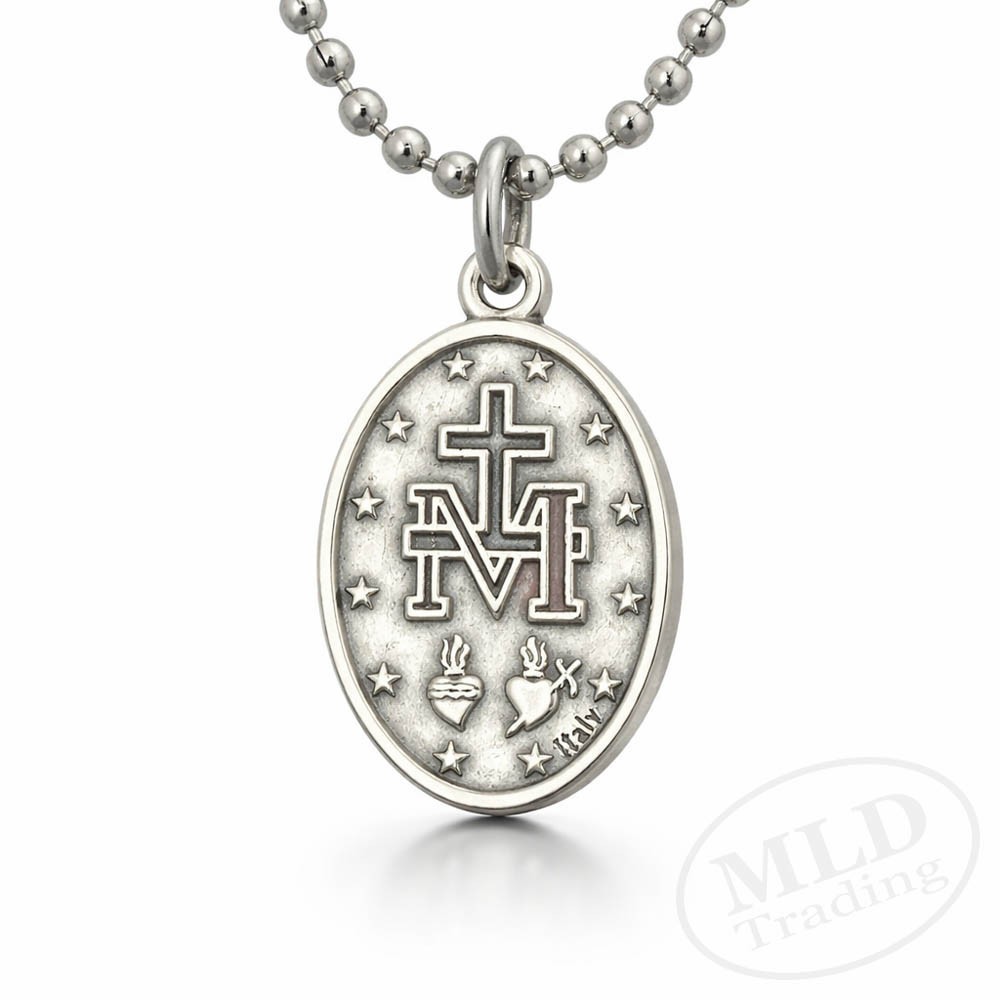 Miraculous Medal Virgin Mary Pendant Necklace 24″ Chain Italy Silver Tone Alloy