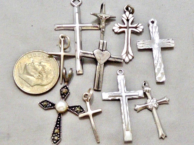 (10) VINTAGE STERLING SILVER RELIGIOUS CROSS PENDANTS OR CHARMS STAMPED STERLING