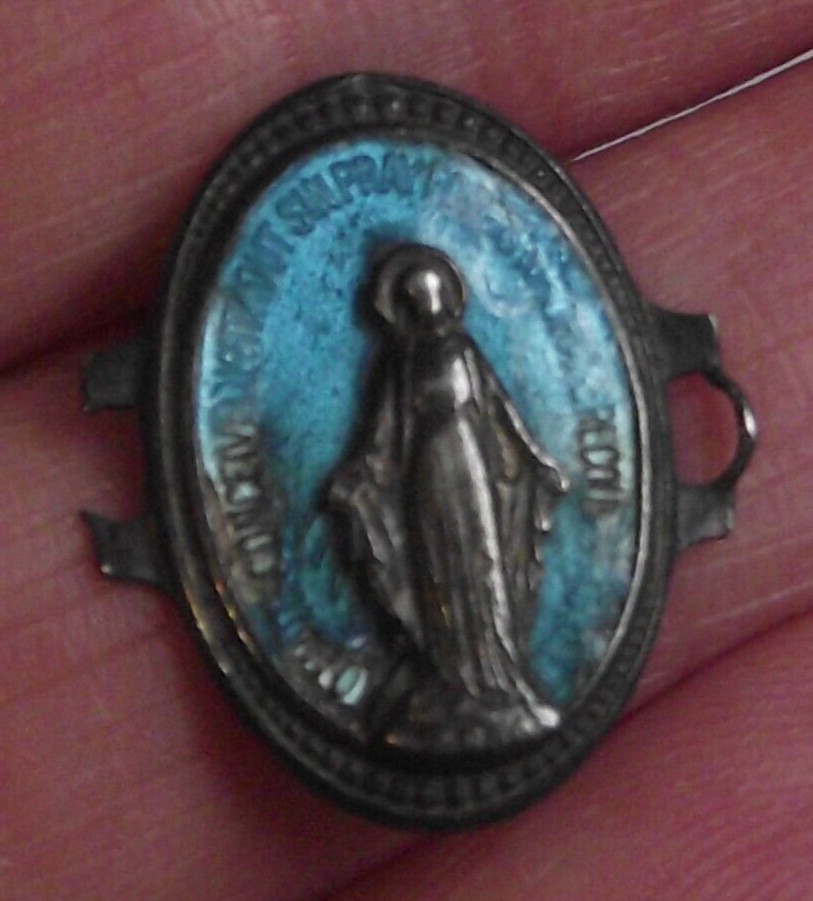 Broken Bail Antique Vtg sterling silver blue enamel medal Miraculous Virgin Mary
