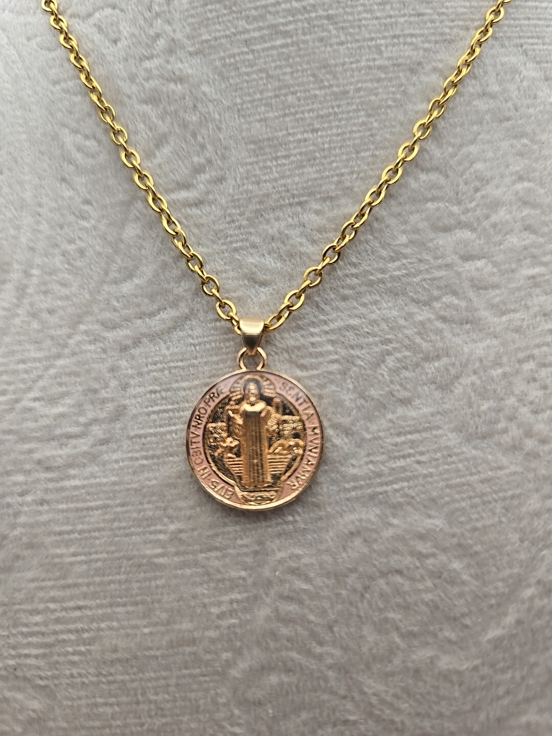Pink Saint Benedict Medal Necklace 20″ Gold Plated Stainless Steel Catholic Gift