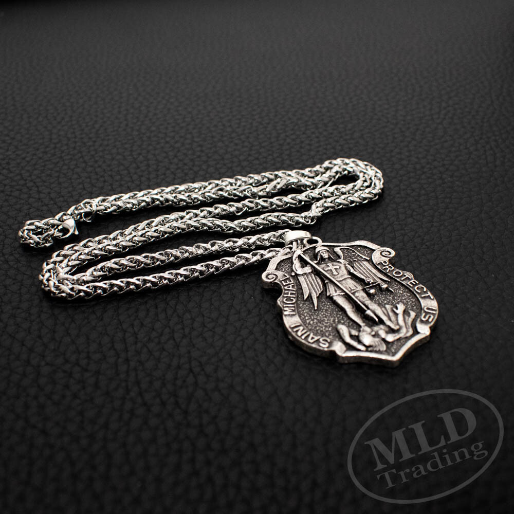 Large Saint St Michael Medal Shield Badge Pendant Necklace w Strong Spiga Chain