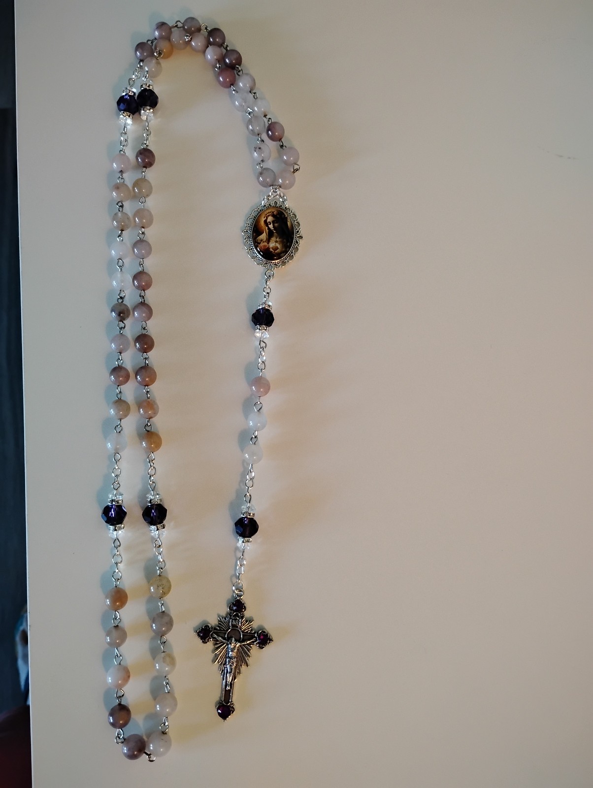 Pink Opal Gemstone & Amethyst Crystal Rosary Beads 8mm 10mm Silver Mary Roses