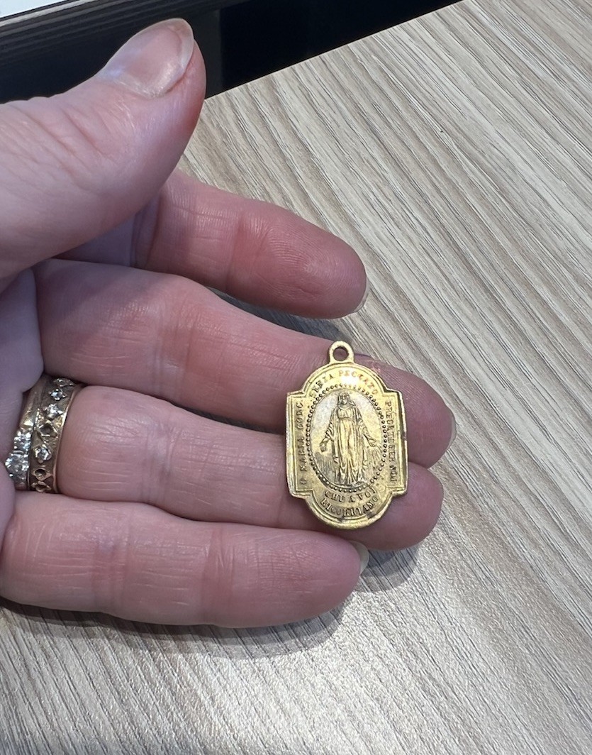 Antique Italian Medal Saint Pope Pius X Tenth Mary miraculous brass gold Pendant