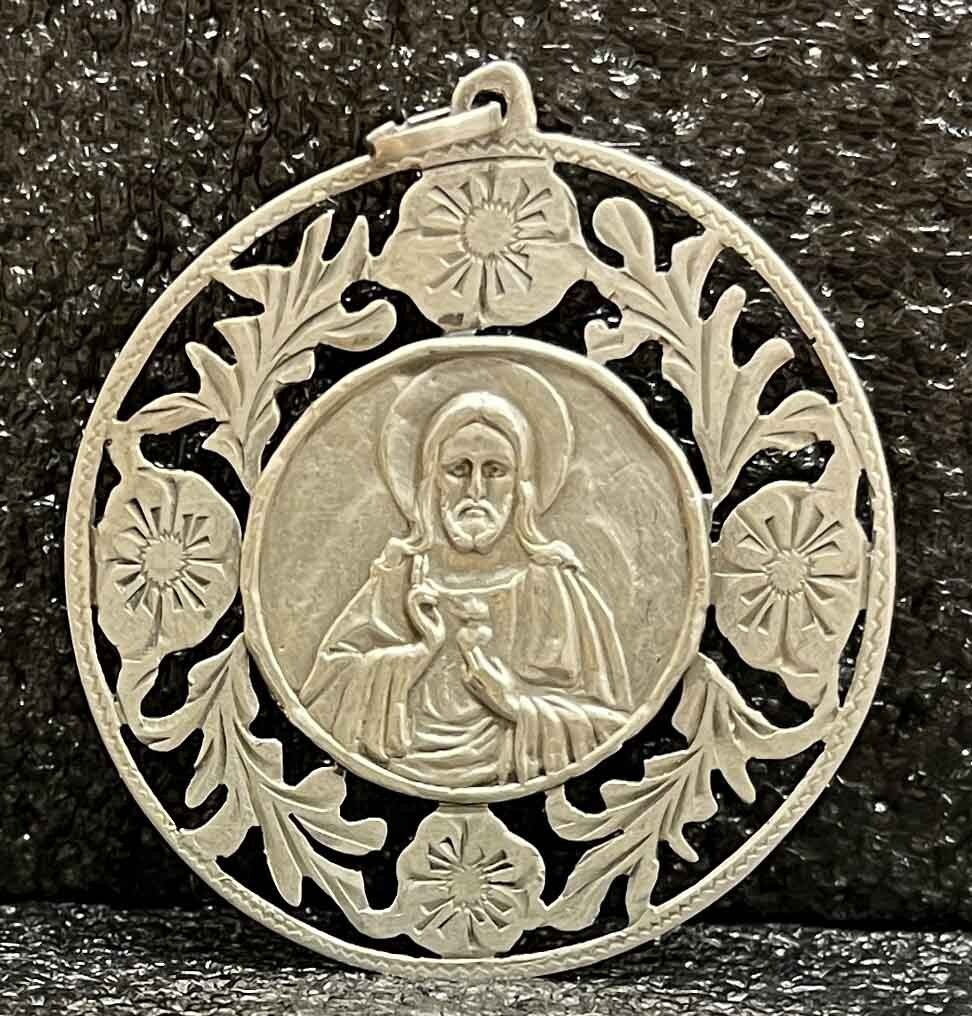 Amazing antique Sacred Heart of Jesus artisanal flowers design silver 900, 47 mm