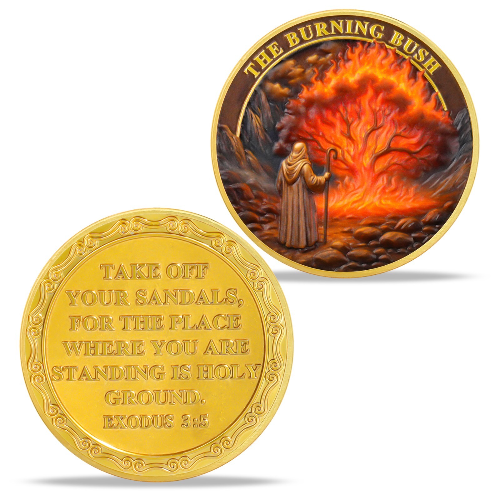 6pcs Christian Faith Coin Moses Holy Ground Burning Bush Exodus 3:5 Verse Tokens