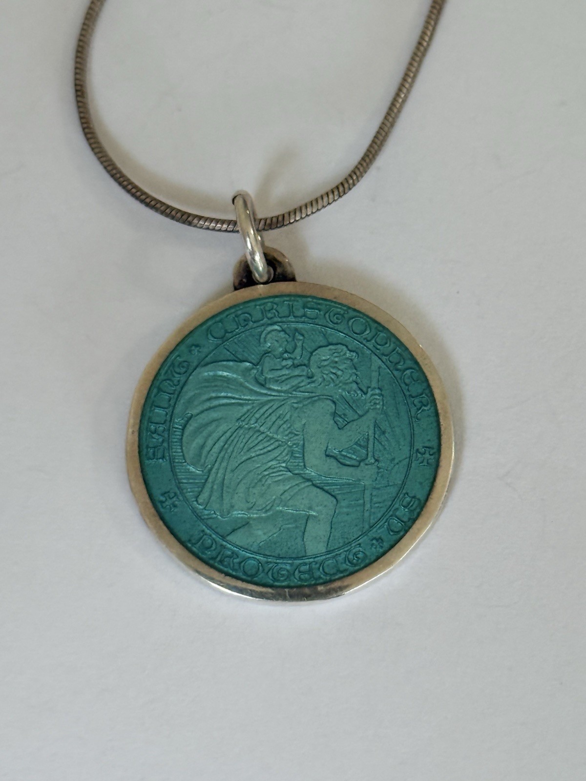 Charles Thomae St Christopher Sterling Silver Blue Enamel Medal Pendant Necklace