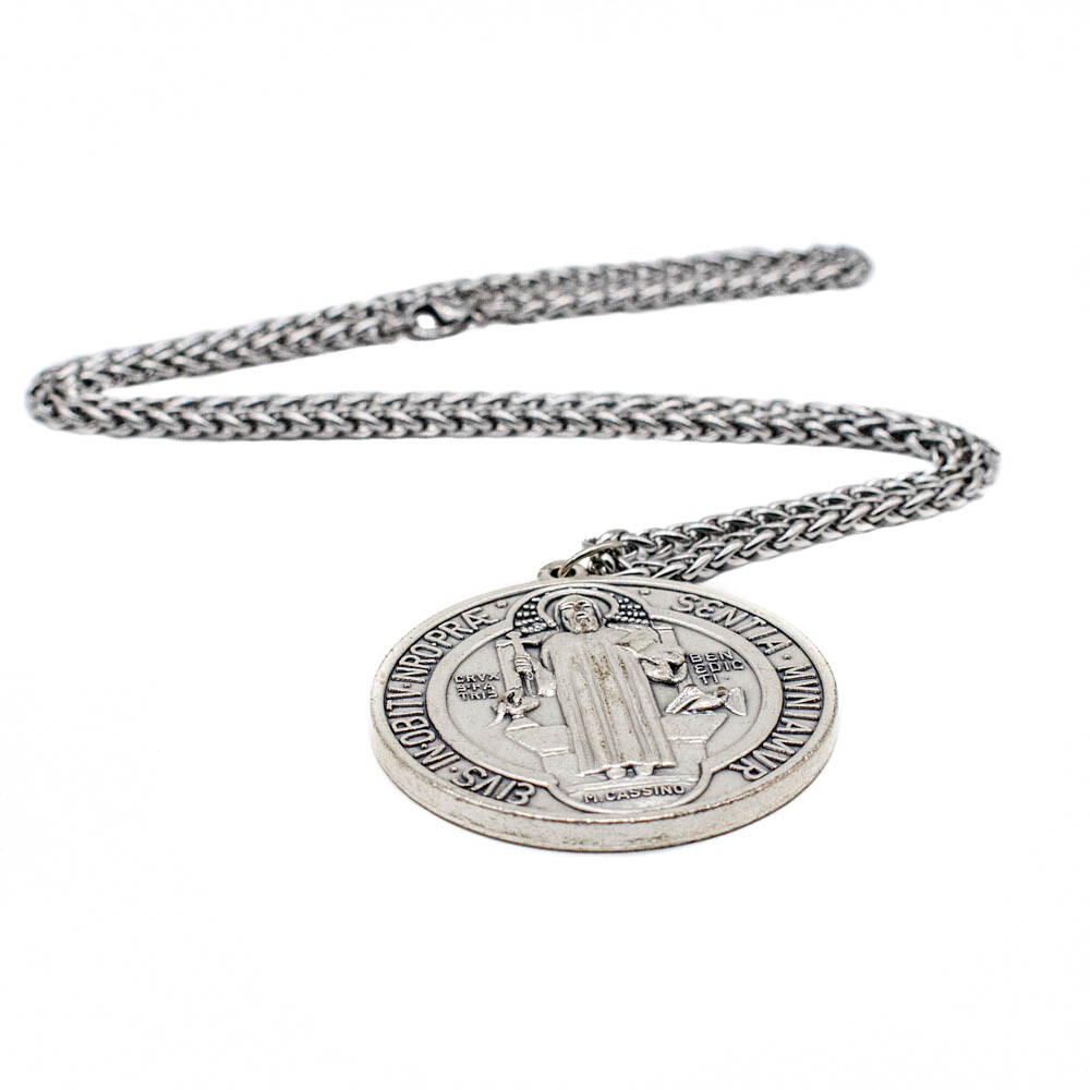 Extra Large 2″ Saint St Benedict Medal Italy Pendant Necklace w 24″ Spiga Chain