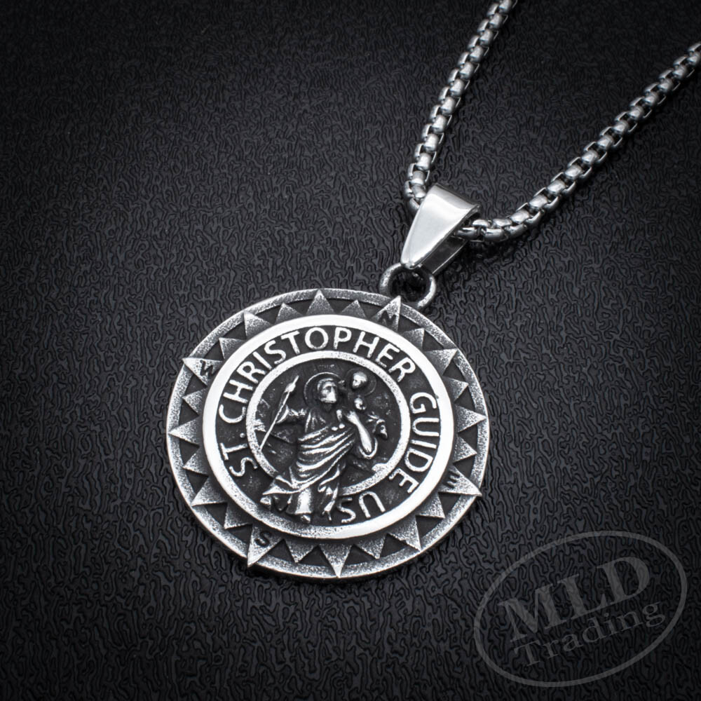 Saint St Christopher Medal Silver Stainless Steel Compass Style Pendant Necklace