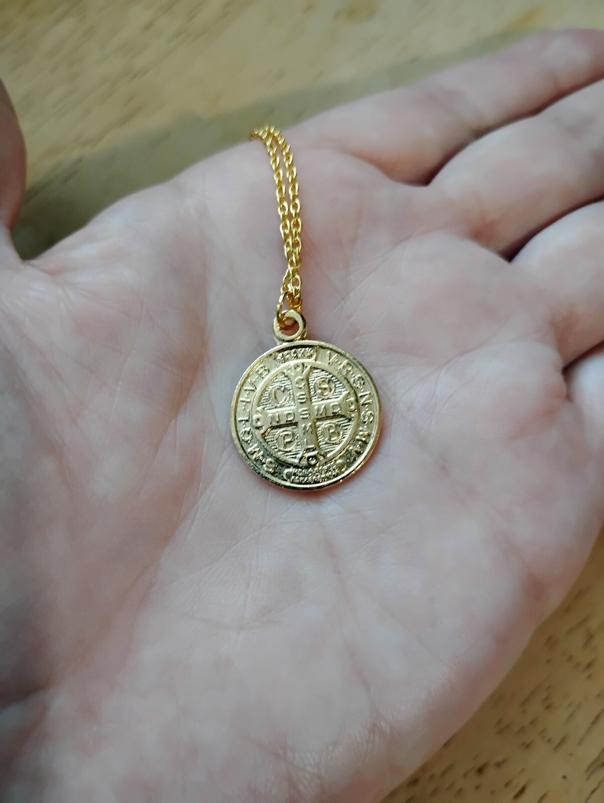 Gold Plated St Benedict Medal ITALY Necklace on fine 14K gold plated link chain