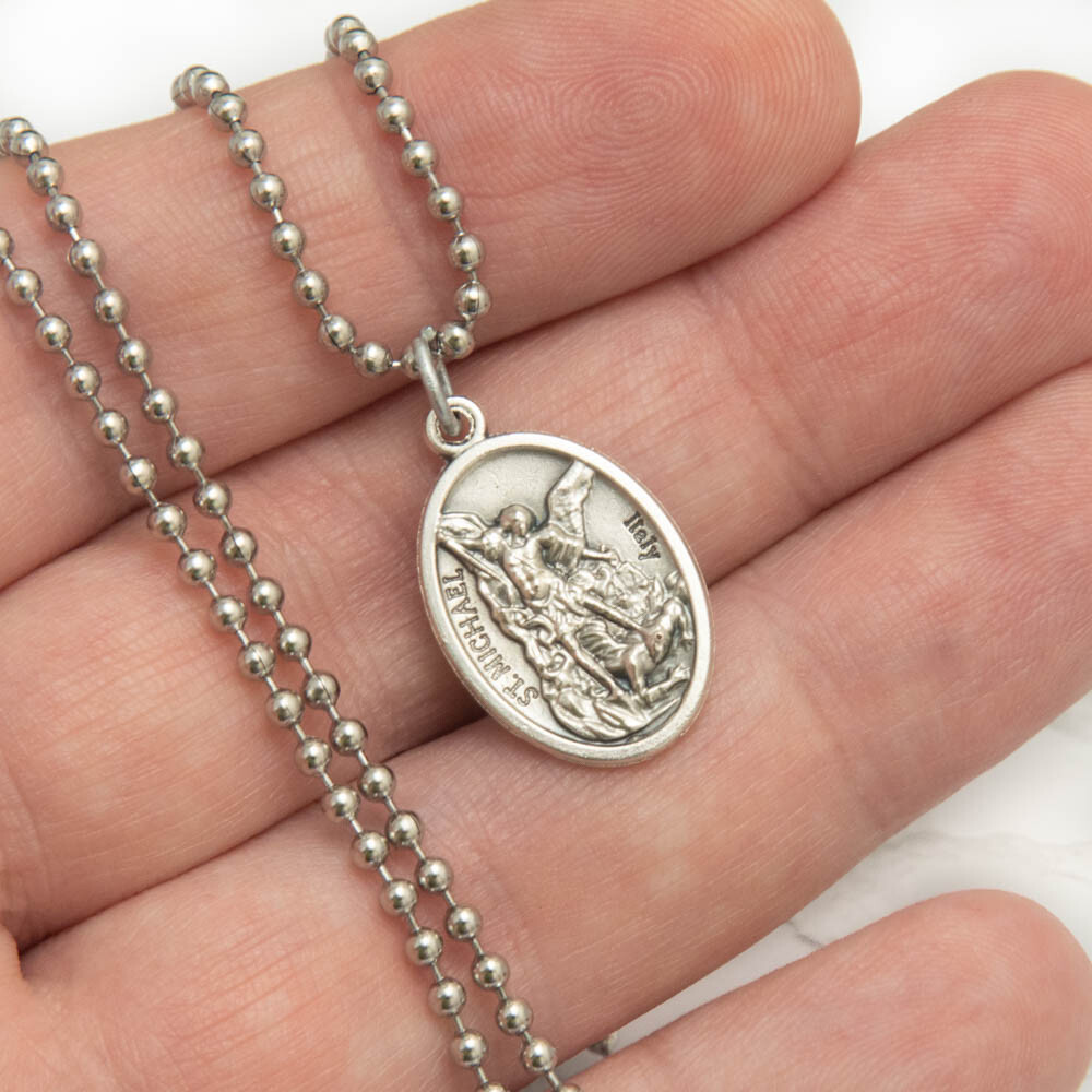 Patron Saint St Michael Pray For Us 1″ Medal Pendant Necklace 24″ Chain Italy