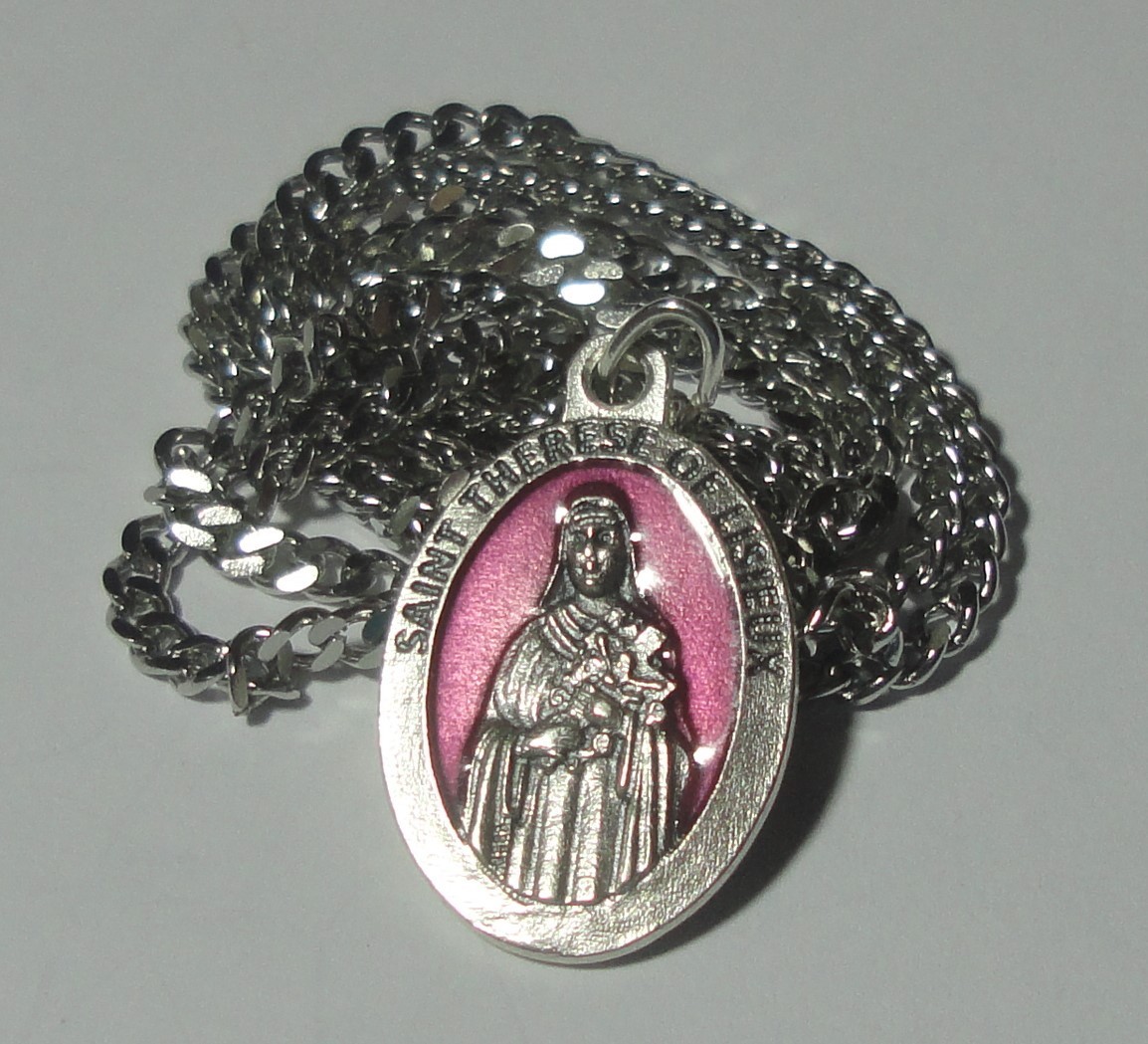 St Therese of Lisieux Pink-enameled Holy Medal & Chain – Florists & Sick People