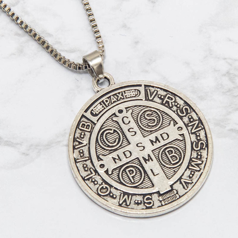 Saint St Benedict Of Nursia Cross Medal 1 1/4″ Pendant Necklace 24″ Box Chain