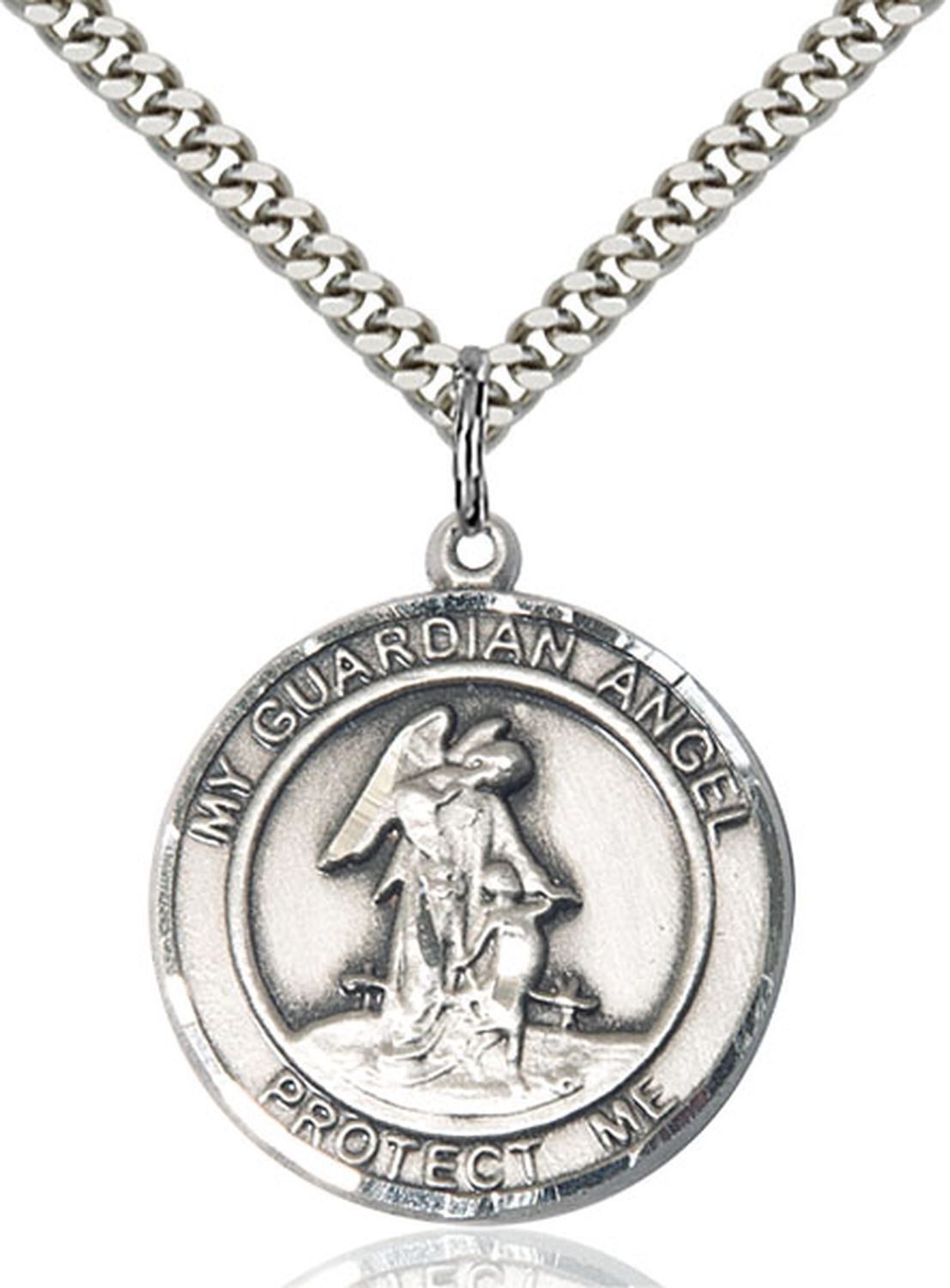 Sterling Silver Guardian Angel w/ Child Round Medal Pendant Necklace 24” Chain