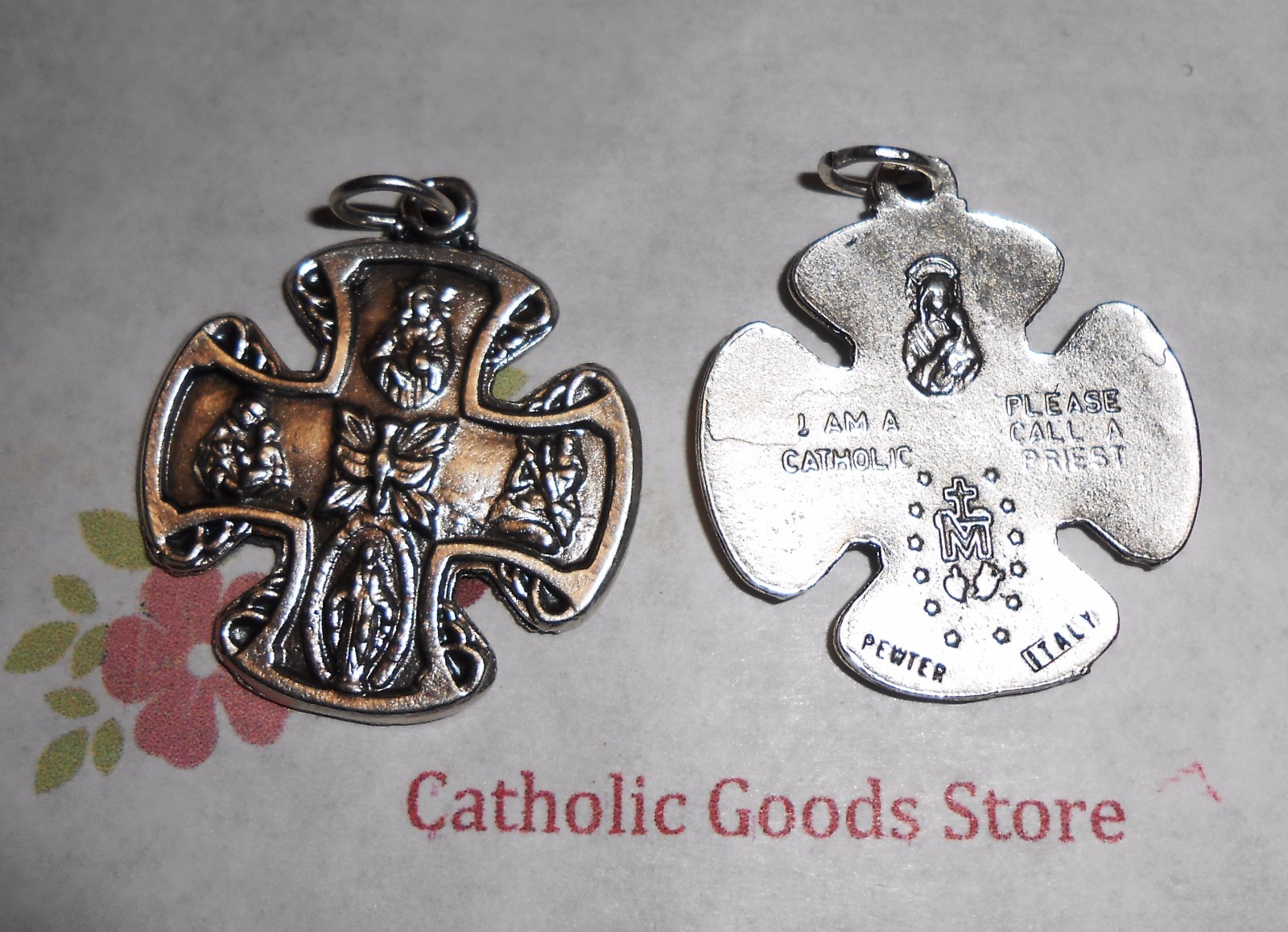 4 Way Cross/ “I am a Catholic” Italian Pewter 1 1/4 inch Medal