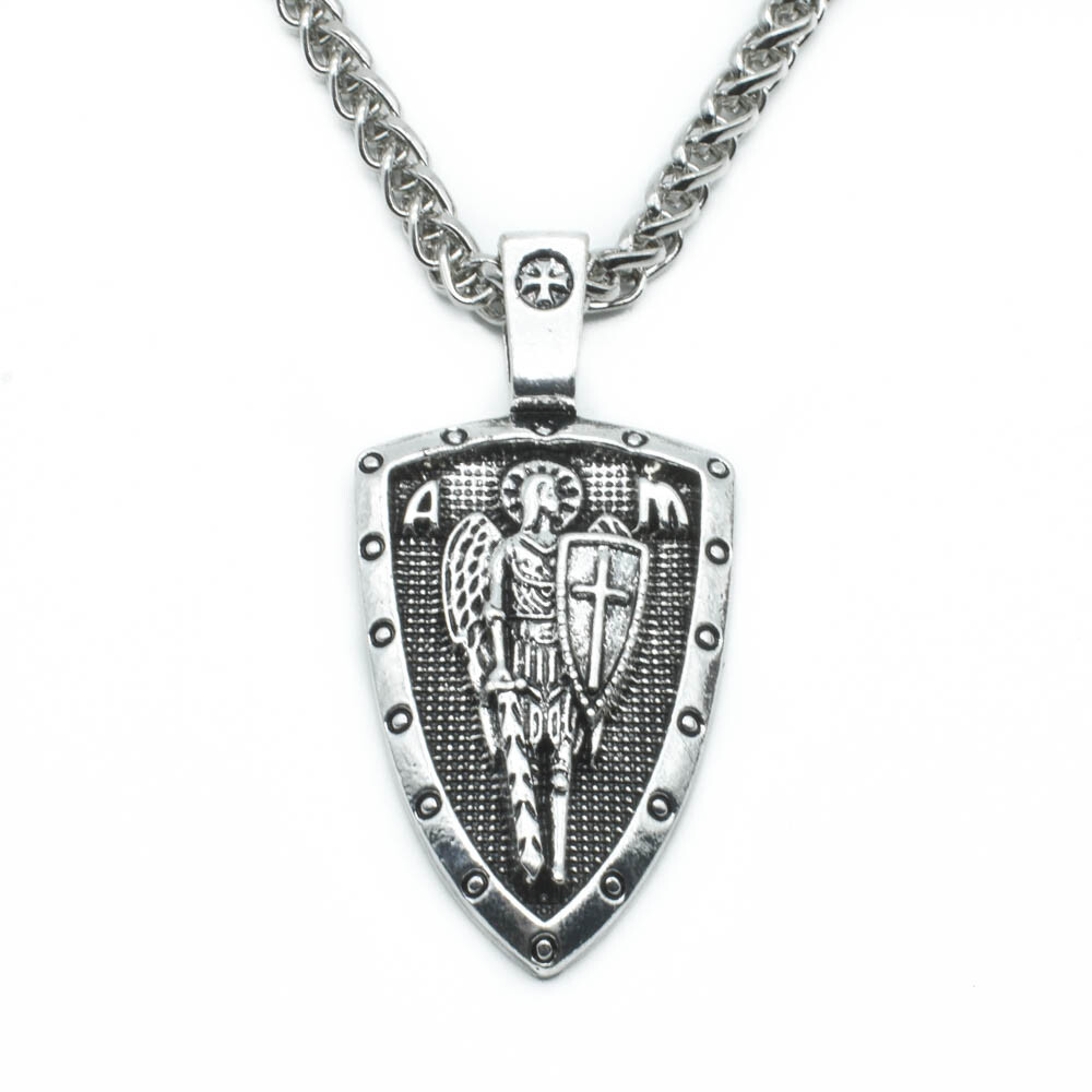 Archangel Saint St Michael Medal Cross Shield Pendant Necklace w 24″ Spiga Chain