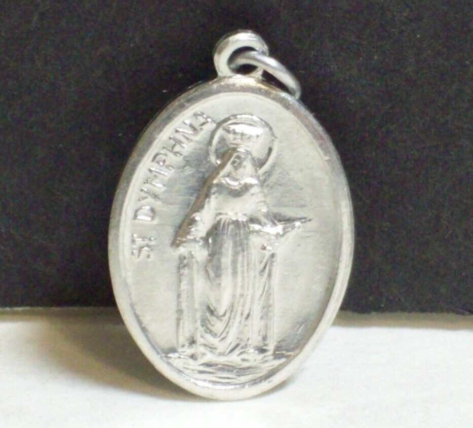 Vintage St Dymphna Medal Saint Pray For Us Oval Silver Tone Pendant Italy Faith